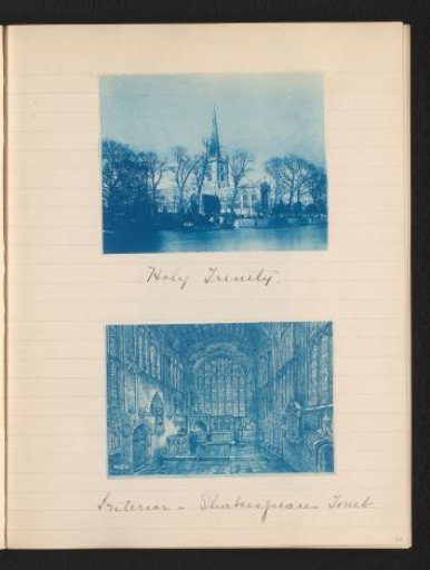 Photograph of the exterior and photographic reproduction of a drawing of the interior of Holy Trinity Church in Stratford-upon-Avon