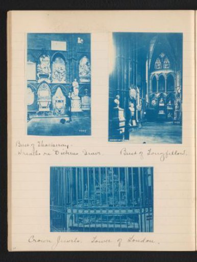 Three photographs of Poets' Corner in Westminster Abbey and of the Crown Jewels in the Tower of London