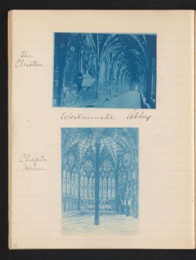 Photograph of a cloister in Westminster Abbey and photographic reproduction of a drawing of the chapter house there
