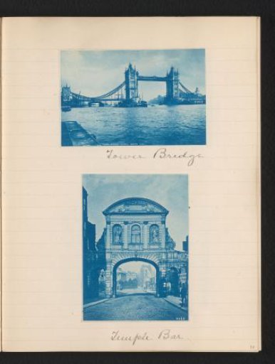 Two photographs of Tower Bridge and the gate at Temple Bar, London