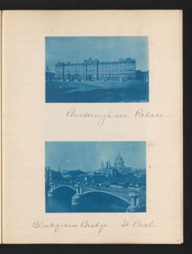 Two photographs of Buckingham Palace and Blackfriars Bridge, London