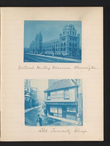 Two photographs of the Natural History Museum and the Old Curiosity Shop in London