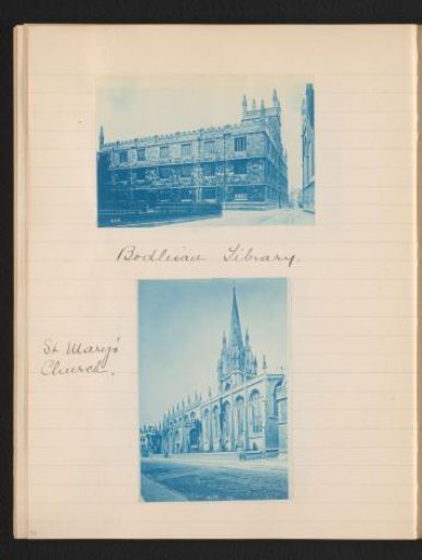 Two photographs of the Bodleian Library and Saint Mary's Church in Oxford