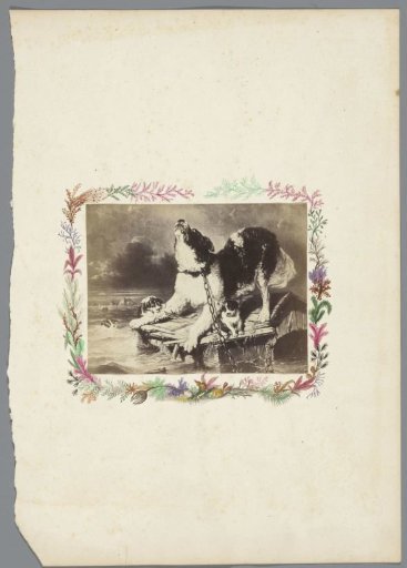 Photographic reproduction of a painting of several dogs during a flood