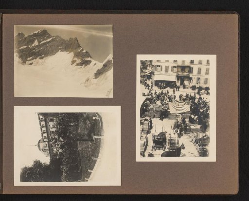 Three photos of mountains and buildings