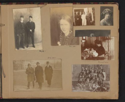 Sheet with Photographs of Men and Women, a Mother with a Child, and a School Class