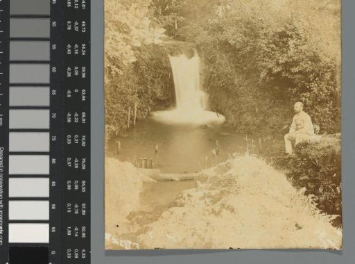 Man with beard sitting by a waterfall