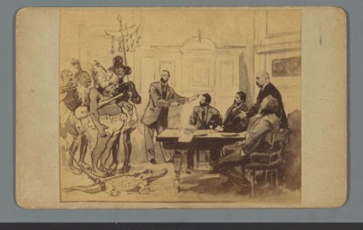 Photomontage: the board of Arti receiving a deputation from Timbuktu in connection with a foreign exhibition