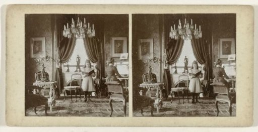 Interior of the De Schamphelaere family (Ghent, Belgium) with a woman playing the piano and a girl reciting (?)