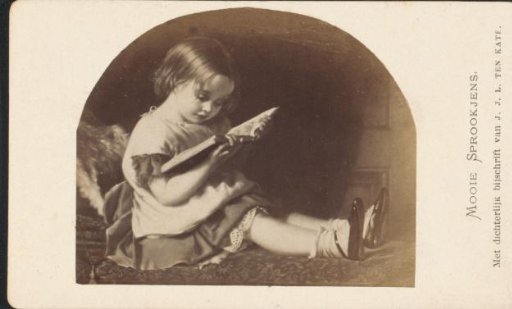 Photographic reproduction of (presumably) a painting of a little girl reading in a fairy tale book