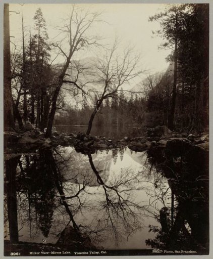 Trees and mountains of Yosemite Valley reflected in the water of Mirror Lake