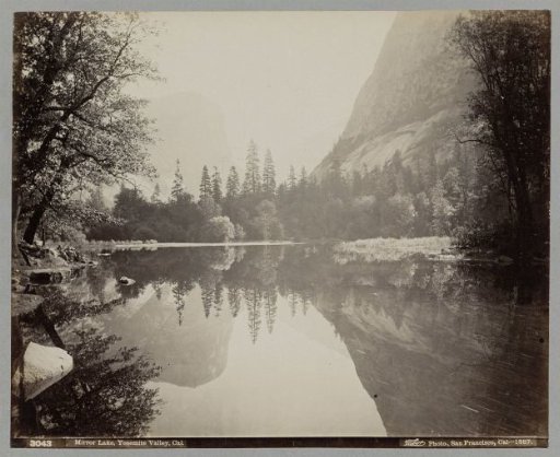 Trees and mountains of Yosemite Valley reflected in the water of Mirror Lake