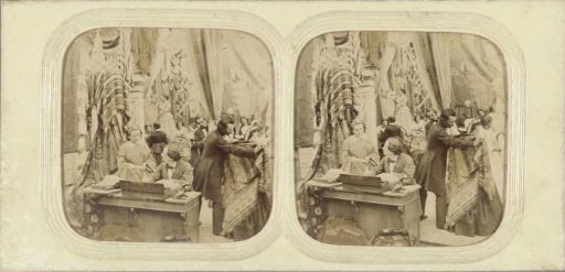 Customers and sellers in a fabric shop