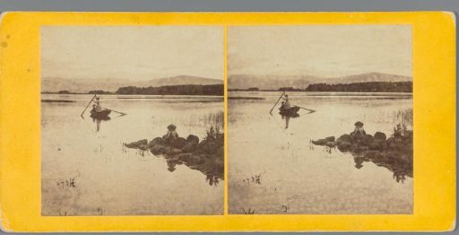 Woman with child in a rowing boat on the Loch of Park in Aberdeenshire, one child on the shore