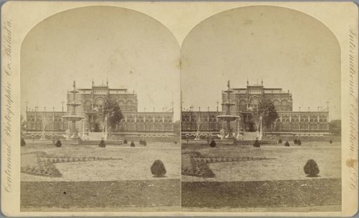 View of buildings, garden and fountain of the World's Fair in Philadelphia in 1876