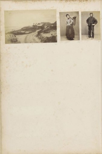 Portrait of a woman in (possibly) Zandvoort folk costume with a basket on her back