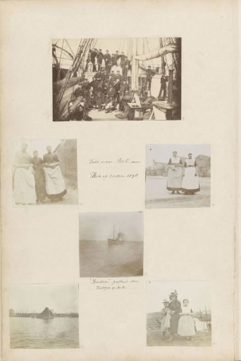 Portrait of two young girls in the company of a Urk girl in traditional dress