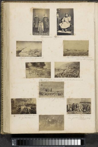 Photographic reproduction of (presumably) a drawing depicting a caricature of a walk through Edo by four men, designated as 'Beato, Polsbroek, Metman, Hegt'