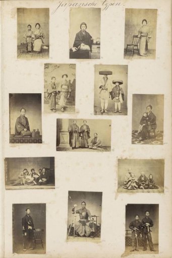 Group portrait of six Japanese women, three of whom are pretending to be asleep