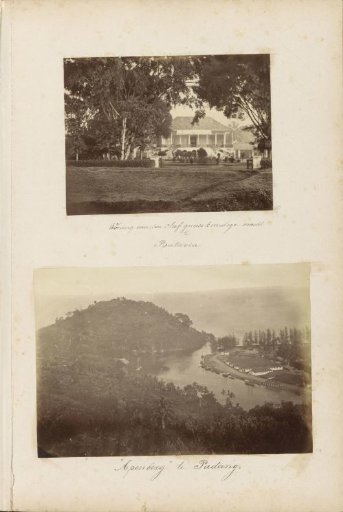 View of the Apenberg, the river mouth and buildings in Padang