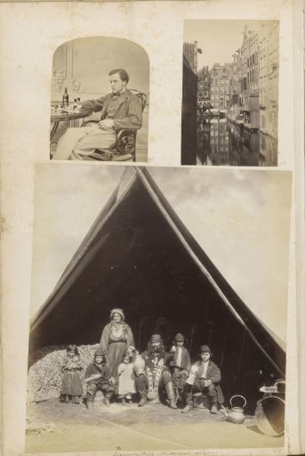 Portrait of a family of Hungarian tinsmiths in front of their tent in Amsterdam