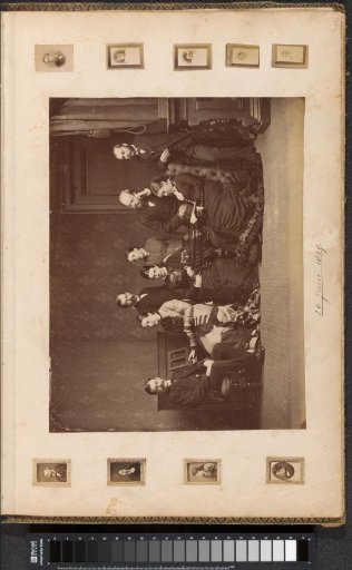 Group portrait of the Crommelin family taken on the occasion of the seventieth birthday of Gulian Cornelis Crommelin (1809-1891), with small portraits around it