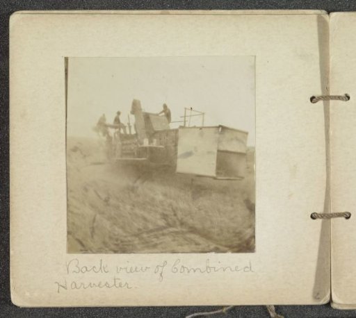 Rear of a horse-drawn reaping machine in a field of grain