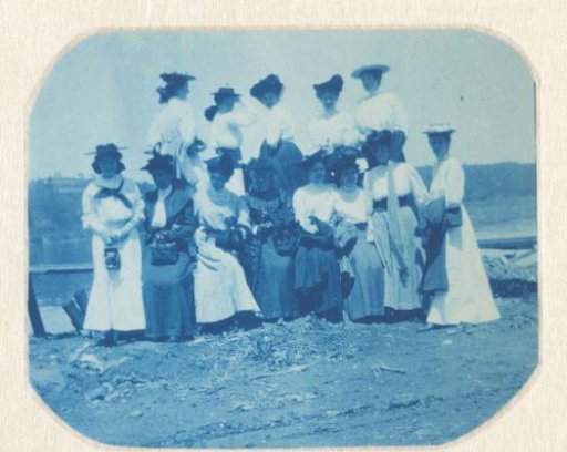 Group portrait with young ladies, one of whom is carrying a folding pocket camera