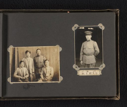 Two portraits of unknown Japanese men, two of them soldiers, on the left a group portrait