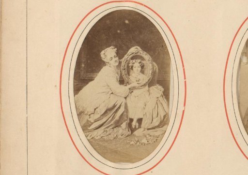 Photographic reproduction of a painting, woman holding a frame before the face of her daughter, after Felix Schlesinger