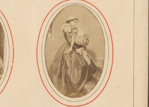 Photographic reproduction of a painting of Miss Lily being lifted by a maid, by James Hayllar