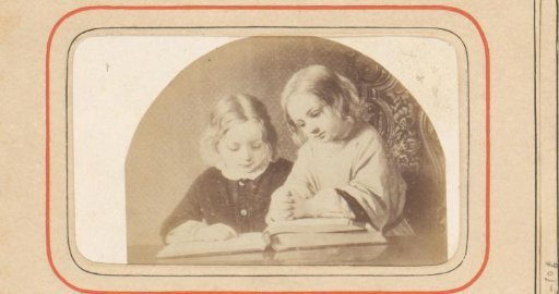 Photographic reproduction of a painting of two children with a Bible, with poem by J.J.L. ten Kate