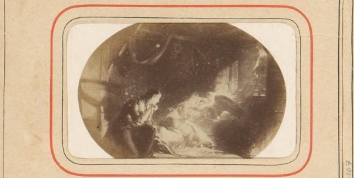 Photographic reproduction of a painting of a sick child with mother and angel beside the bed, with poem by J.J.L. ten Kate