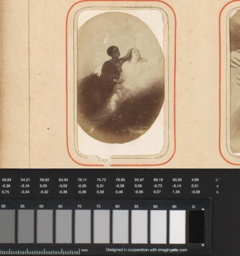 Photographic reproduction of a painting of a black and a white woman ascending to heaven, with poem by J.J.L. ten Kate