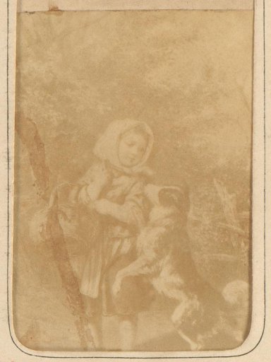 Photographic reproduction of a painting of a girl with a dog