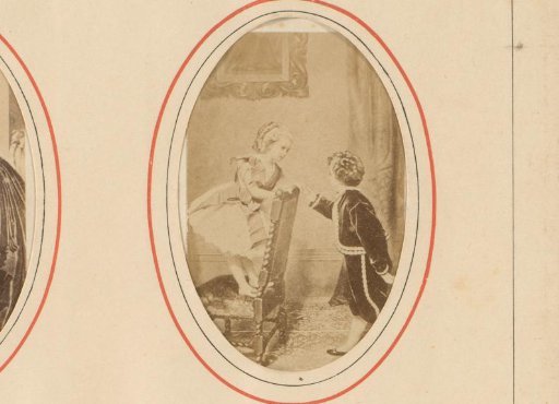 Photographic reproduction of a painting of Miss Lily with a boy, by James Hayllar