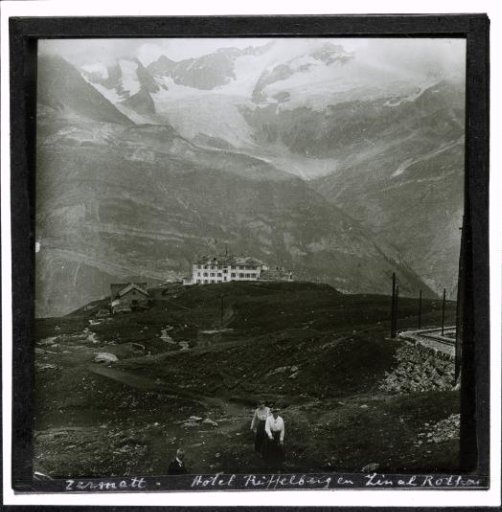 Two Women in a Mountain Landscape, with the Hotel Riffelberg near Zermatt in the Distance