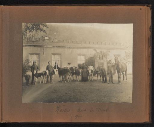 Page from the Diepenbrock family photo album with a photo of workers with livestock at Castle Beek en Donk