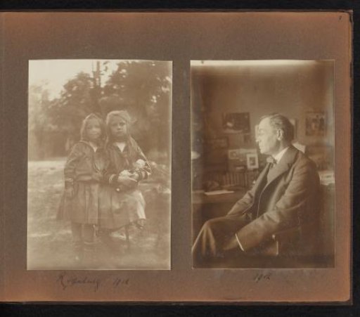 Page from the Diepenbrock family photo album with two photographs: Thea and Joanna Diepenbrock in a field, and Alphons Diepenbrock in an interior