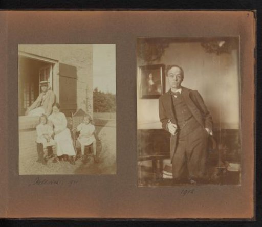 Page from the Diepenbrock family photo album with two photographs of the Diepenbrock family and Alphons Diepenbrock leaning against a wing