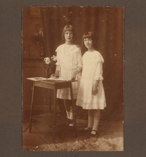 Portrait of Joanna and Thea Diepenbrock standing at a side table with a vase of flowers on it
