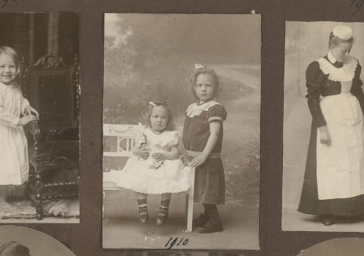 Portrait of Thea Diepenbrock Sitting on a Wooden Bench with Joanna Diepenbrock Standing Beside Her