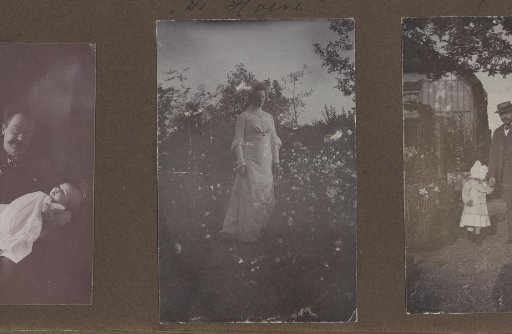 Woman standing among flowers in a garden, possibly Emilie van Kerckhoff at villa De Hoeve