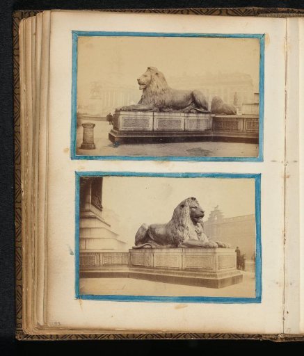 Two photographs of the lions at Nelson's Column
