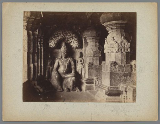 Relief depicting Matanga Yaksha sitting on an elephant, entrance to cave No 32, Indra Sabha temple, Ellora Caves, Maharashtra, India