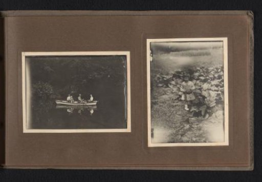 Carel van den Berg with his father and aunts in a rowing boat in Klarenbeek, on a grass field to the right