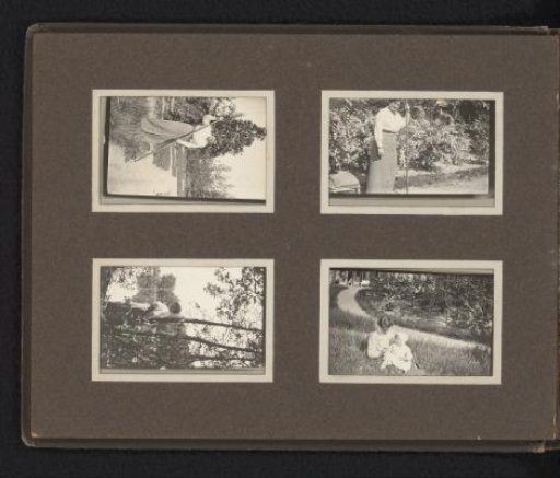 Four photographs of Caroline Louise van den Berg in a garden and seated with Frank Willem van den Berg in Bergerac