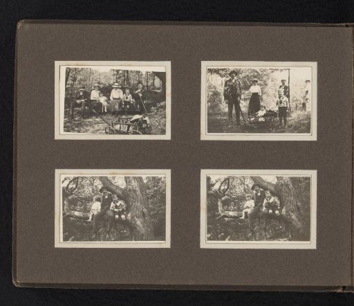 Four photographs of the Van den Berg family with a handcart in the woods