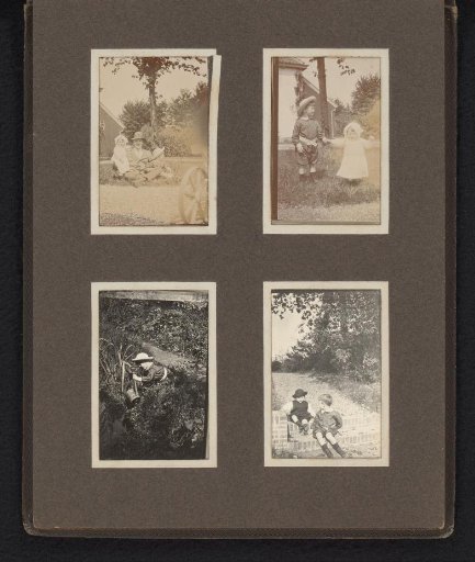 Four photographs of Carel Frederik and Frank Willem van den Berg in a garden in Bergerac