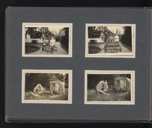 The Berg family at a tent, and Carel and Frank on a trailer